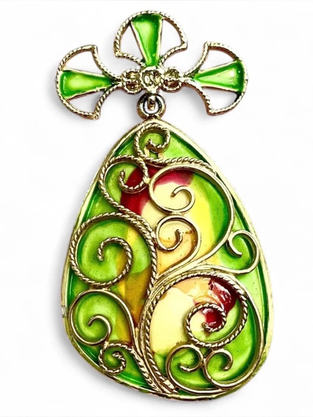 Hollycraft 1950s Vintage Enamel Dangle Brooch Pin Green Red Yellow Gold Tone MCM